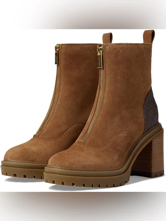 NEW Michael Kors Cyrus Zip Bootie Suede Brown/Gold Sz 7