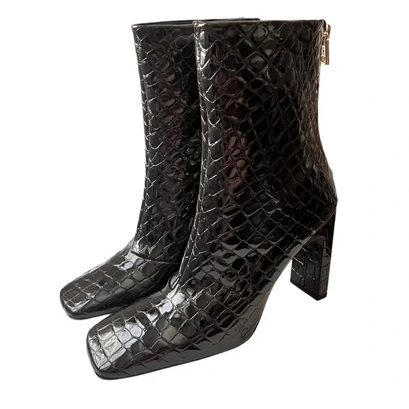 Good American Black Croc Embossed‎ Square Toe Mid-Calf Boots Size 6