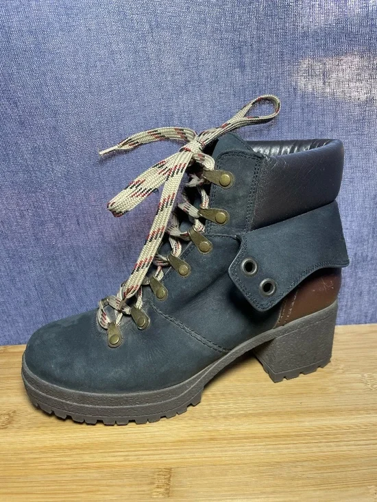 See By Chloe Eileen Block Heel Combat Boots Black Brown Cuff Lace Up Hiking 38 8