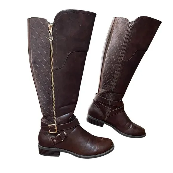 GBG Guess Boots Women's 7.5 Brown Knee High Riding Equestrian Wide Calf Buckle