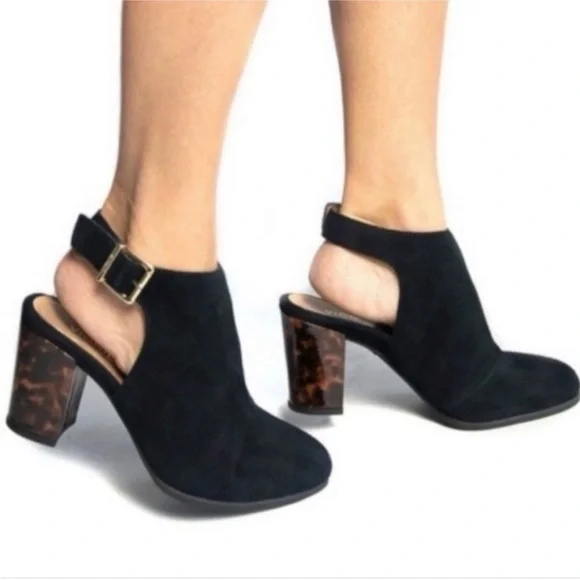 Vionic Lacey Black Suede Slingback Booties 6.5 Tortoise Block Heel