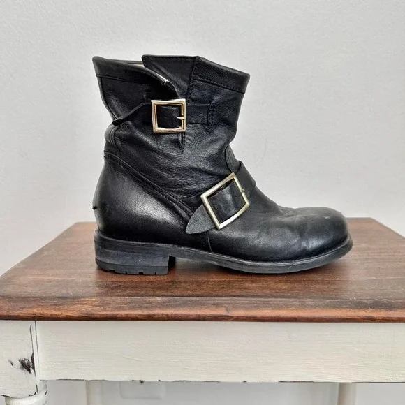 Jimmy Choo Black Moto Boot Size 36 / 6 Gold Buckle Short Genuine Leather
