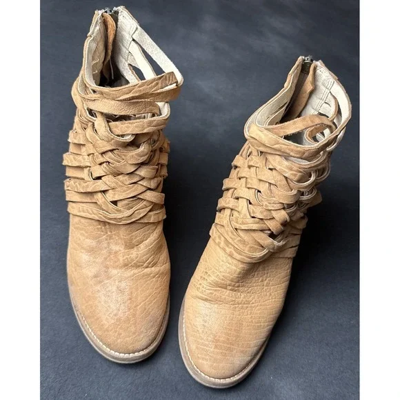 Free People‎ Carrera Bootie Woven Ankle Boots Vintage Tan Leather Size 38 US 7.5