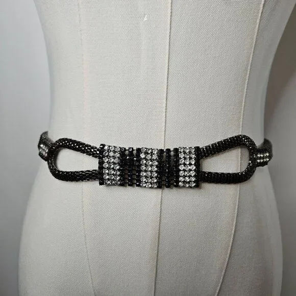 Luxury Dressy OS Black & Silver Crystal Rhinestone Beaded Chain Rope Belt