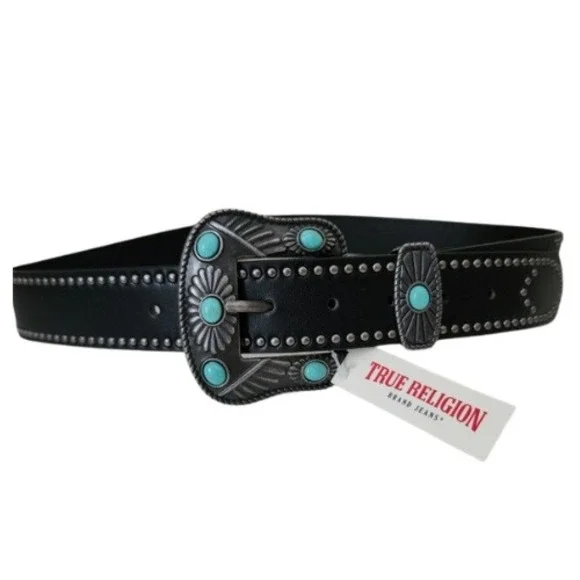 TRUE RELIGION Womens Stone Embellished Southwestern Faux Leather Black Belt M/L