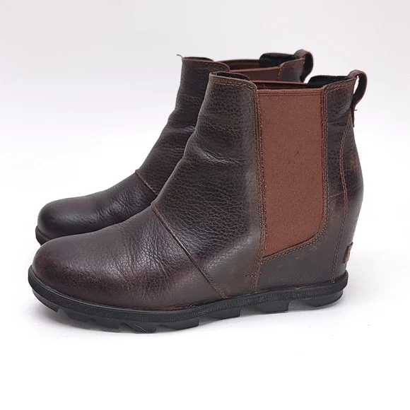 Sorel Joan of Arctic Chelsea Wedge Boots Womens 9.5 Dark Brown Leather