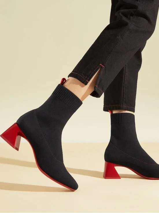 Vivaia Regina Pro Square Toe Water Repellent Block Heel Boots Black Ruby Red 9