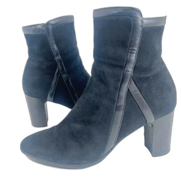 Aquatalia Italian Black Suede Heeled Booties Leather Piping Ankle Boots Size 9