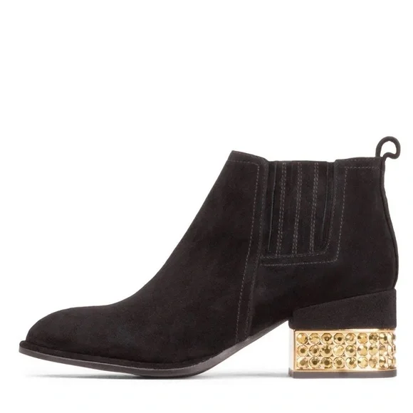 Jeffrey Campbell Metcalf-J2 Black Suede Chelsea Ankle Bootie Jeweled Heel