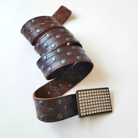 💎Vintage Genuine Leather Studded Belt Rhinestone Crystal Buckle Western Y2K
