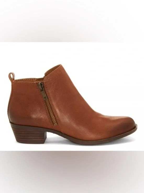 Lucky Brand Basel Leather Ankle Booties Toffee Brown Double Zip Low Block Heel