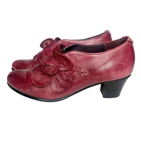 BZ MODA Leather Bootie Mid Heel Round Toe Burgundy Womens EU 36.5 US 6 UK 4.5