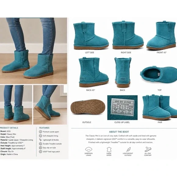 UGG Classic Mini Blue Teal Suede Sheepskin Ankle Boots 1017532 Womens Size 10