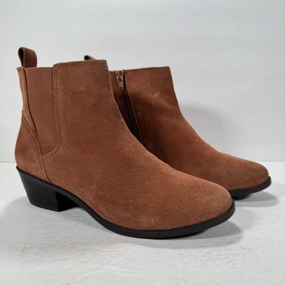 Vionic Roseland Toffee Brown Suede Heeled Ankle Booties Comfort Shoes Women 10