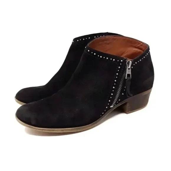 Lucky Brand Benna Black Suede Leather Zip Up Studded Ankle Boots