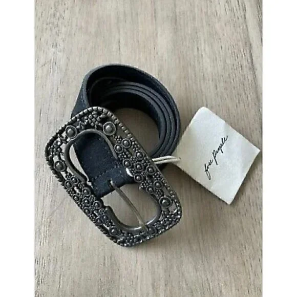 Free People Black Leather Belt With Ornate Buckle XS/S, WESTERN, COWGIRL,