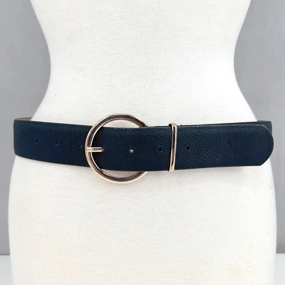 Adrienne Vittadini Womens Wide Black Belt Rose Gold Round Buckle Classic S | M