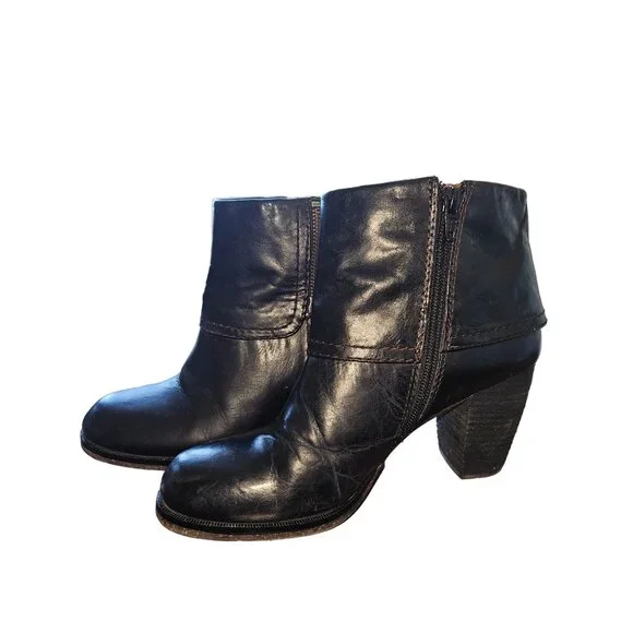 Naya Lark Leather Ankle Boots Block Heel & Side Zip Cuffed Western Women 7.5 N
