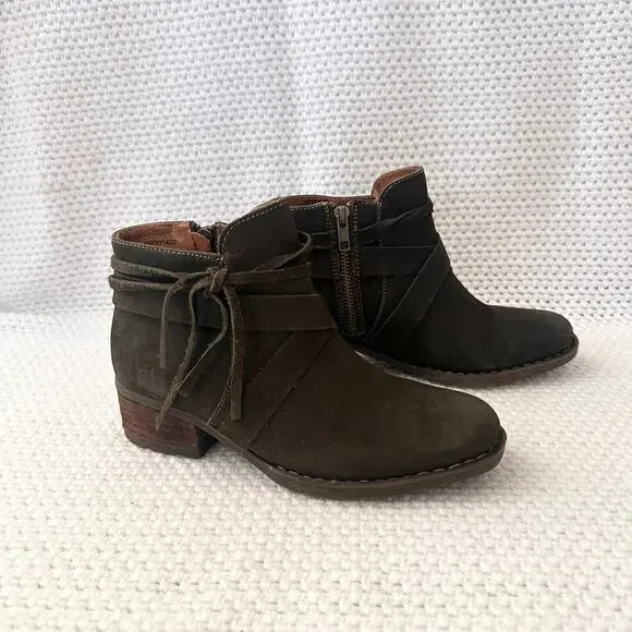 Born Dark Green Olive Suede Montilla Ankle Faux Wrap Inner Zipper Boots 6.5