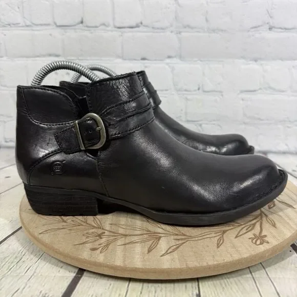 Born Kati Leather Wedge Ankle Boots Women Size 8 Black Leather Booties Western