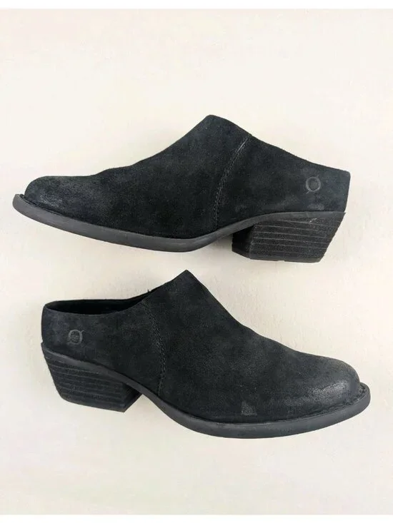 Born Starr Slip On Boot Womens 8.5 Black Suede Distressed Heeled Ankle Mule Clog