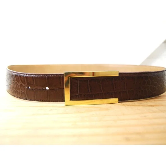 Vintage Talbots Belt Women's Small Brown Leather Croc skin embossed Gold‎ buckle