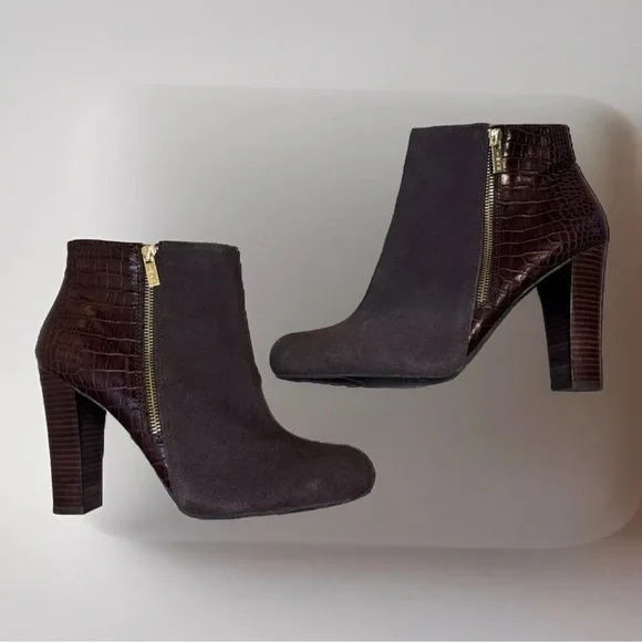 Iman Brown Boots Sz 10 Zip Up 4'' High Heel Ankle Reptile Bootie Party Office