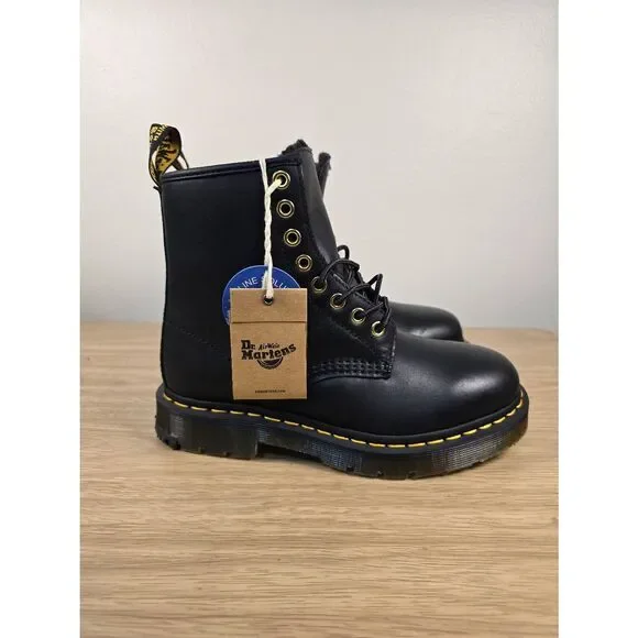 Dr. Martens 1460 Pascal FL Faux Fur Black Leather Lace Up Boots Women's Size 6