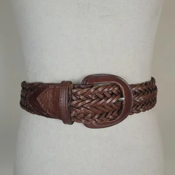 The Ritz Accessory Collection Belt Medium Brown Leather Braided Woven Wide Boho