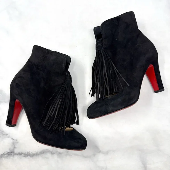 Christian Louboutin Christina 85 Tassel Suede Block Heel Ankle Boots Black 35