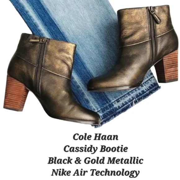 Cole Haan Cassidy Bootie Black Gold Metallic Leather Nike Air Technology 5.5B