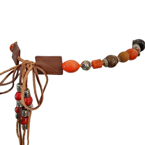 Vintage Boho Belt Art Beads Leather Retro Hippie Bohemian Colorful Orange