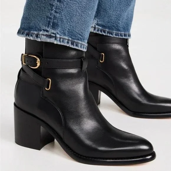 Veronica Beard Sohelia Low Boots Black Leather Buckle Ankle Block Heel Sz 7.5