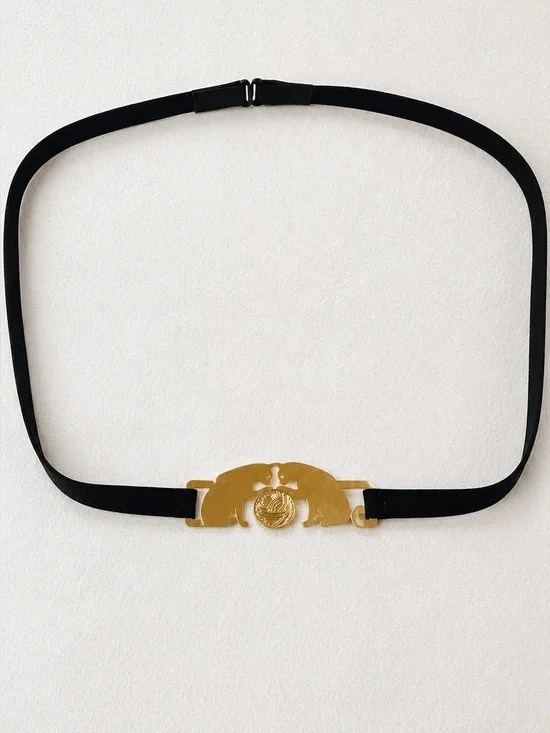 Vintage Twee Coquette Goth Black Stretch Belt Gold Filled Two Cat