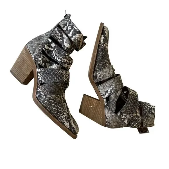 JEFFREY CAMPBELL Snakeskin Buckle Ankle Caceres Bootie in Brown & Grey Snake