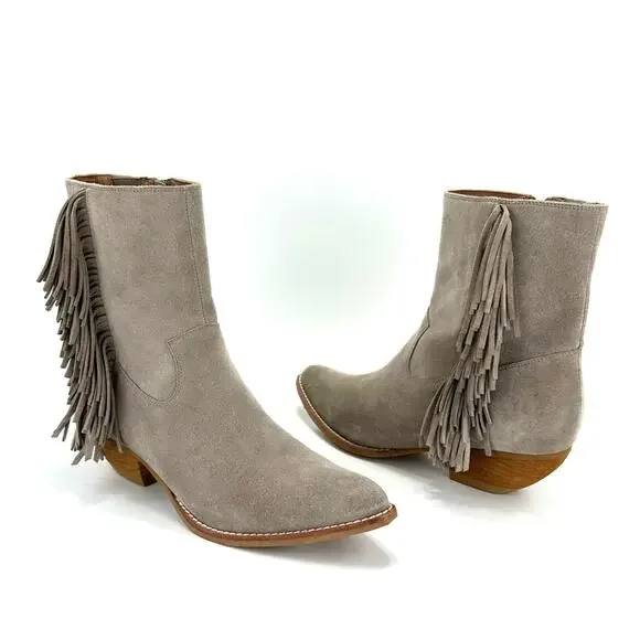 Jeffrey Campbell Hastings Gray Cowboy Ankle Boot Sz 9.5 Suede Fringes Rodeo New