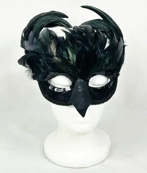 Half Mask Masquerade Black w/ Green Sheen Feathers Sequins
