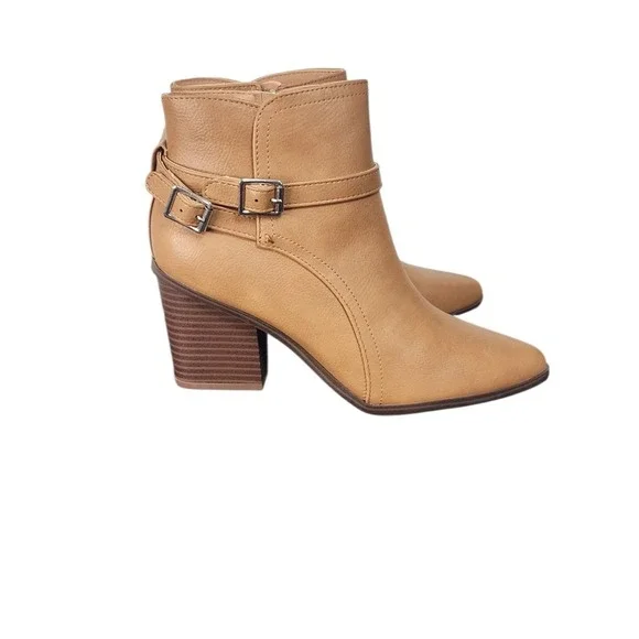 Women's Tan Faux Leather Ankle‎ Boots Block Heel Side Zip Buckle Accent Size 8
