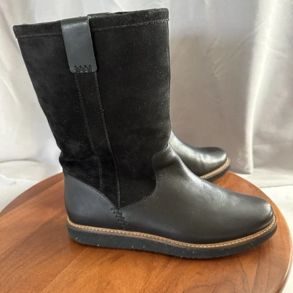 Clark's  Black Glick Elmfield Mid-Calf Leather/Suede casual Boots Women's Sz 10