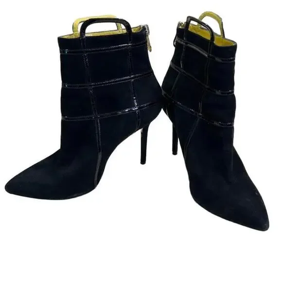 Charlotte Olympia Black Pointed Toe Stiletto Heel Suede Zipper Ankle Boots 37.5