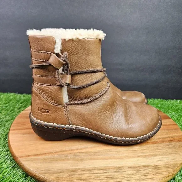 UGG Australia Caspia Boots Womens 5 Brown Leather Shearling Ankle Lace Up 1932