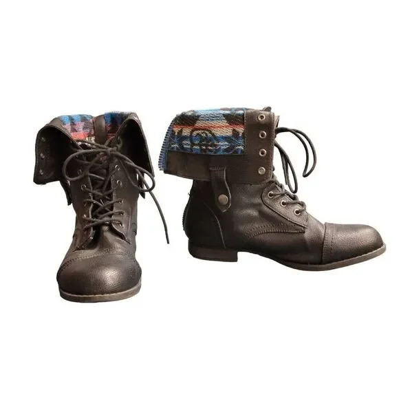 Herstyle Black Southwestern Contrast High or Low Combat Boots