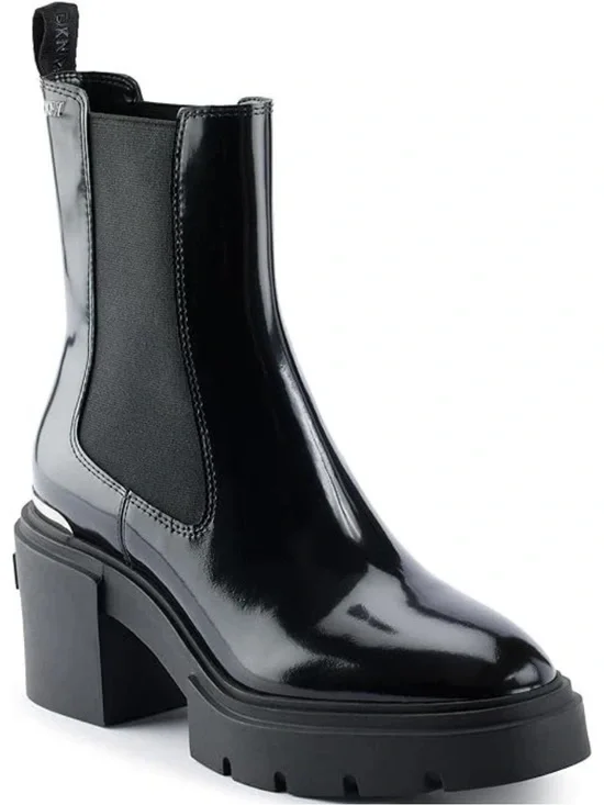 DKNY Thana Platform Chelsea Ankle Boot Black Leather Logo Rubber Sole Heel 6
