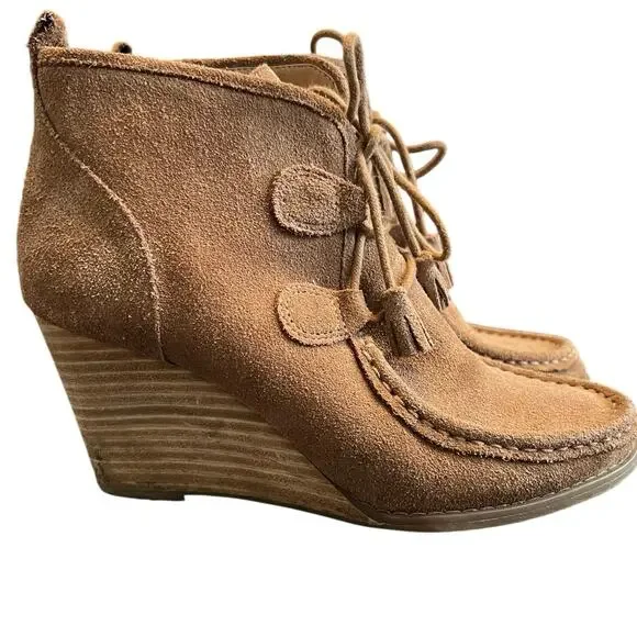 Lucky Brand Booties  LP Yaney Leather Suede Ankle Wedge Size 7.5M Camel Retro