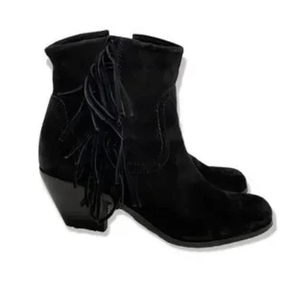 SAM EDELMAN‎ Louie Ankle Boot Black Suede Western Fringe, Zip, Women's Size 10