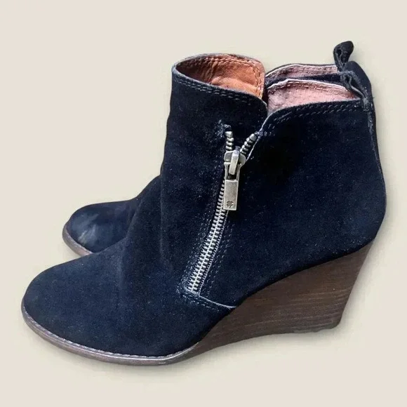 Lucky Brand Womens Black Suede Wedge Ankle‎ Boots Sz 6M Bohemian Western Classic