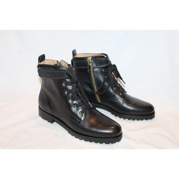 Jack Rogers Combat Peyton Leather Lace Up Hiker Block Heel Boots Black 6.5 $188