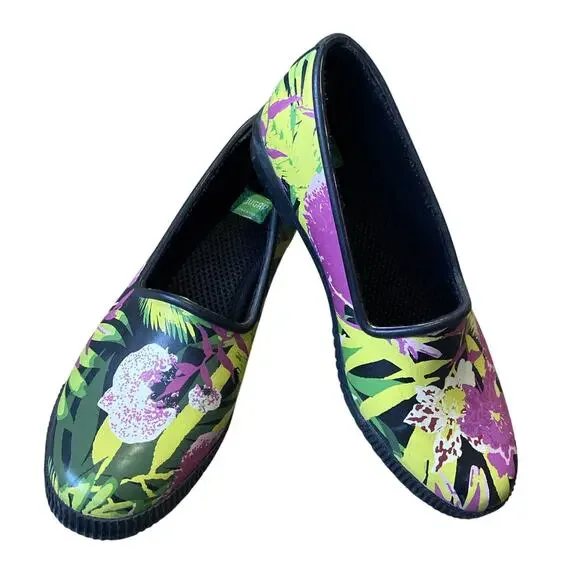 Cougar Rubber Rain Shoes Women Sz 7 Black Green Pink Floral Waterproof