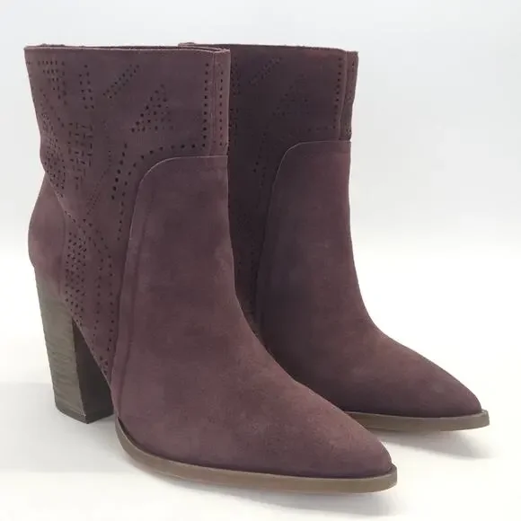 Vince Camuto Ankle Bootie 7.5 Block Heel Burgundy Suede Boho Winter Work 3.5