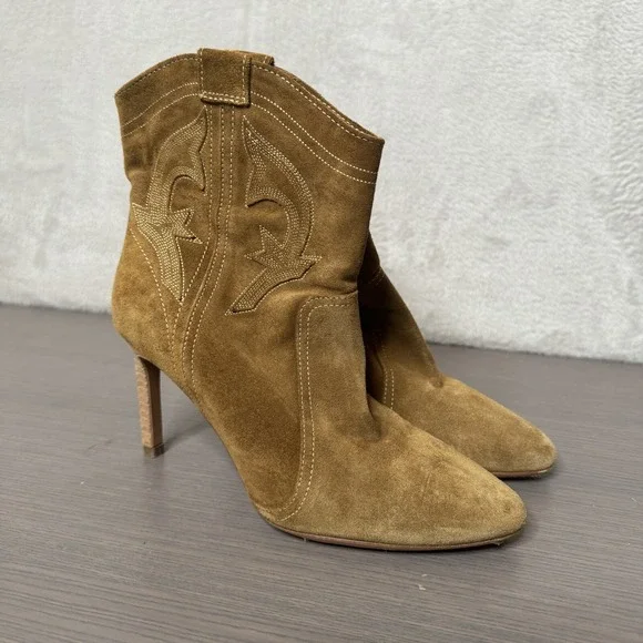 BA&SH Caitlin Ankle Bootie Womens Size 5/EU36 Brown Stiletto Heel Suede Western‎